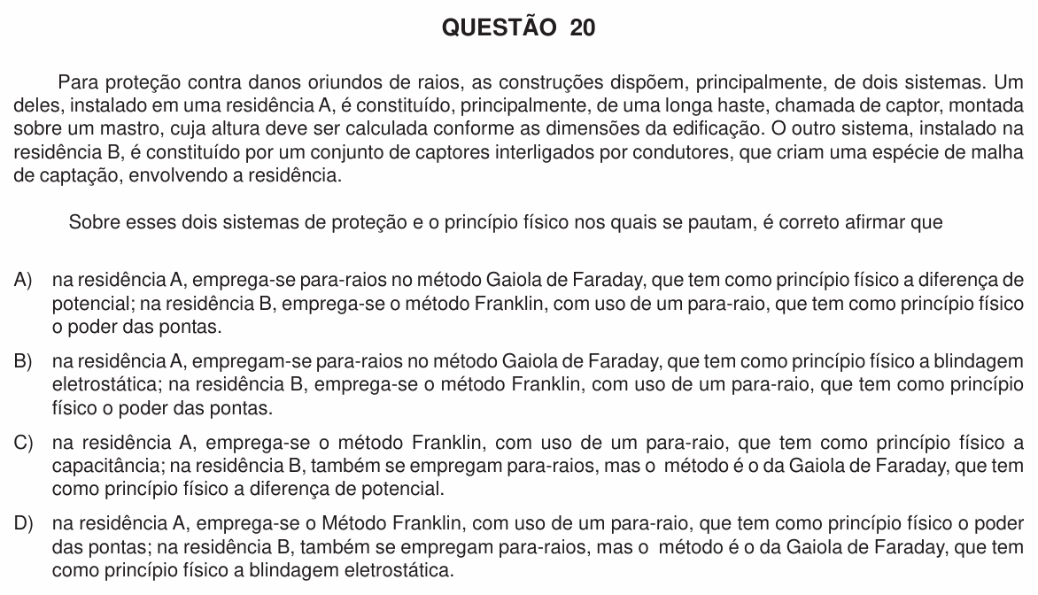Enunciado da questão 20 de Física do UFU 2011-2