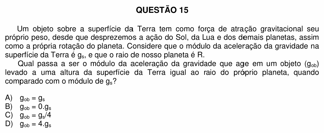 Enunciado da questão 15 de Física do UFU 2012-2