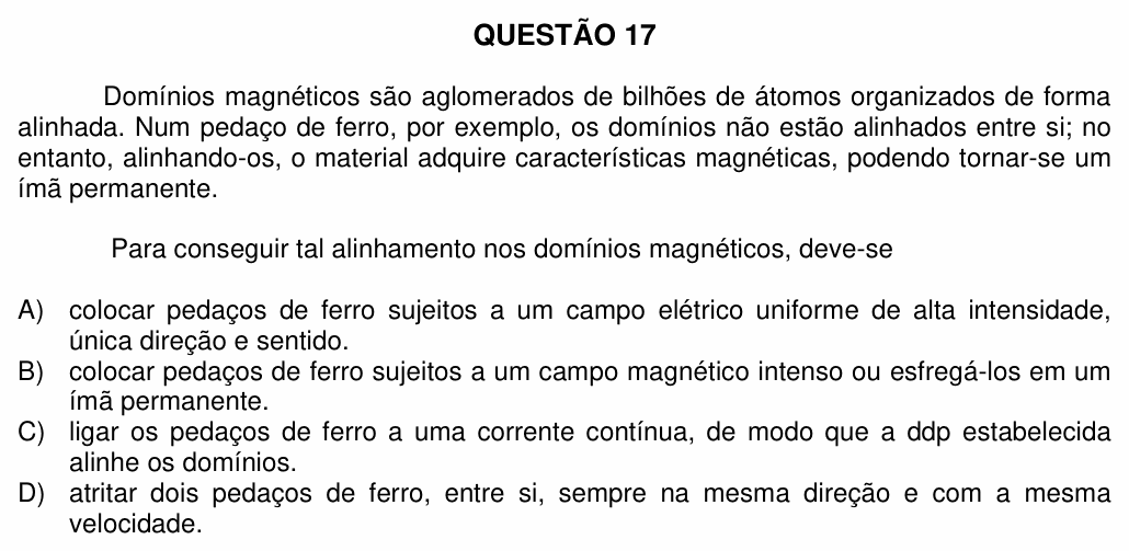 Enunciado da questão 17 de Física do UFU 2012-2