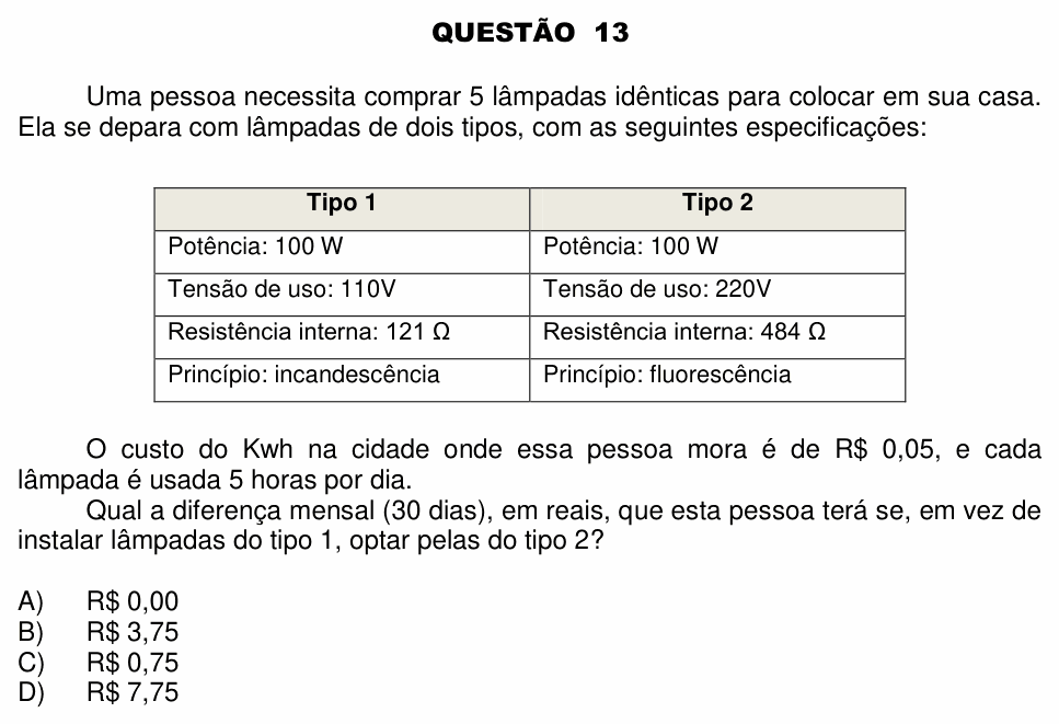 Enunciado da questão 13 de Física do UFU 2013-2