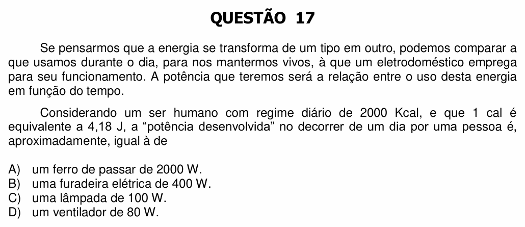 Enunciado da questão 17 de Física do UFU 2015-2