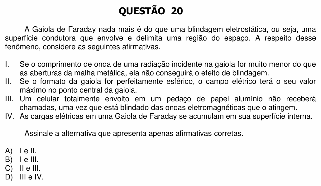 Enunciado da questão 20 de Física do UFU 2015-2