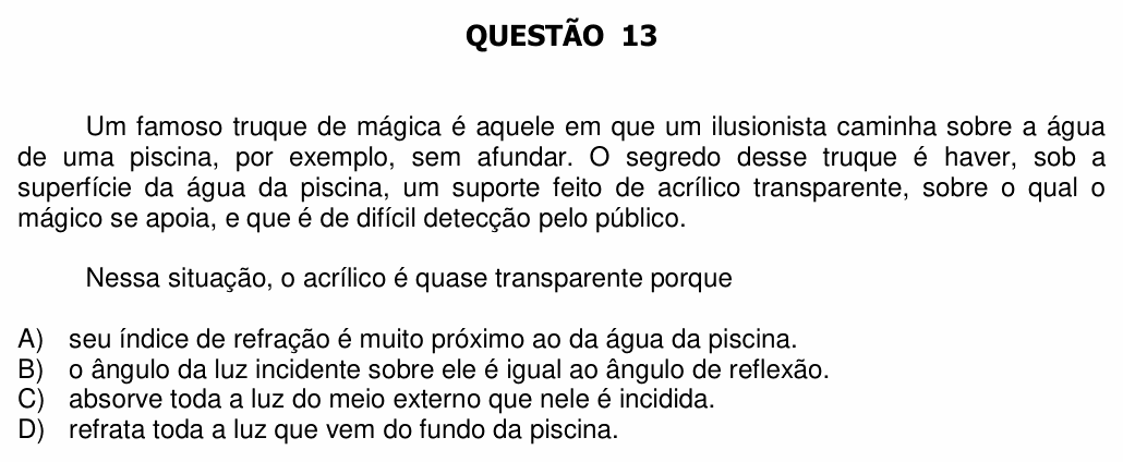 Enunciado da questão 13 de Física do UFU 2016-2