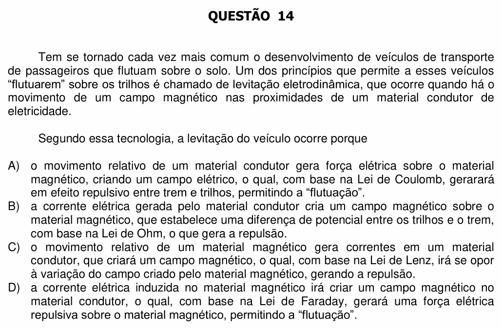 Enunciado da questão 14 de Física do UFU 2016-2
