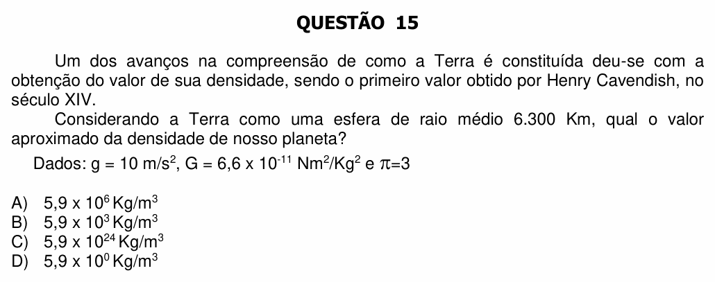 Enunciado da questão 15 de Física do UFU 2016-2