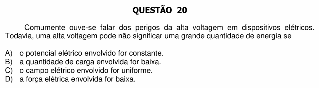 Enunciado da questão 20 de Física do UFU 2016-2