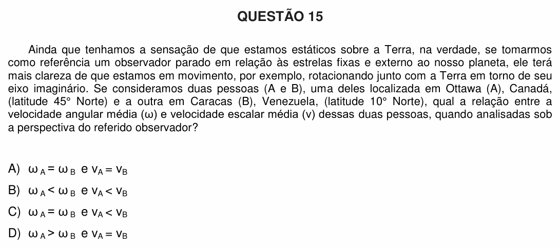 Enunciado da questão 15 de Física do UFU 2017-2