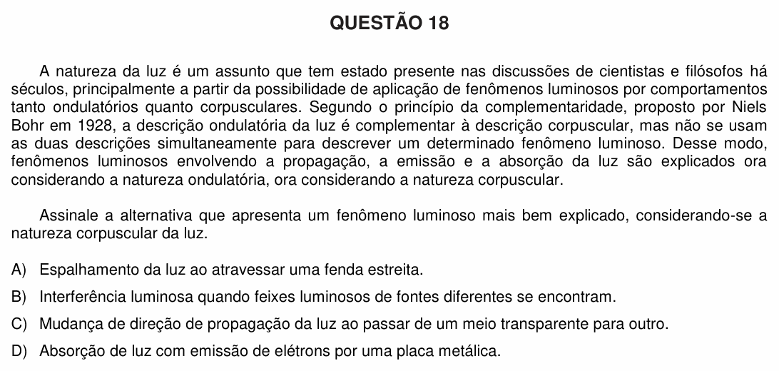 Enunciado da questão 18 de Física do UFU 2017-2