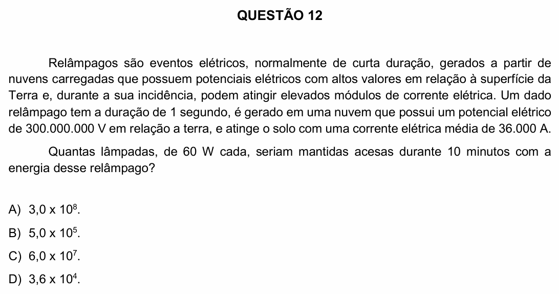 Enunciado da questão 12 de Física do UFU 2018-2