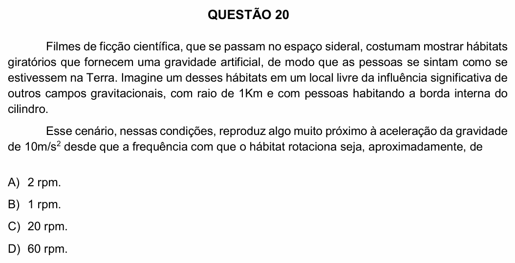 Enunciado da questão 20 de Física do UFU 2018-2