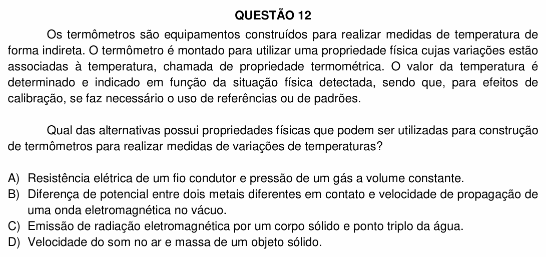 Enunciado da questão 12 de Física do UFU 2019-2
