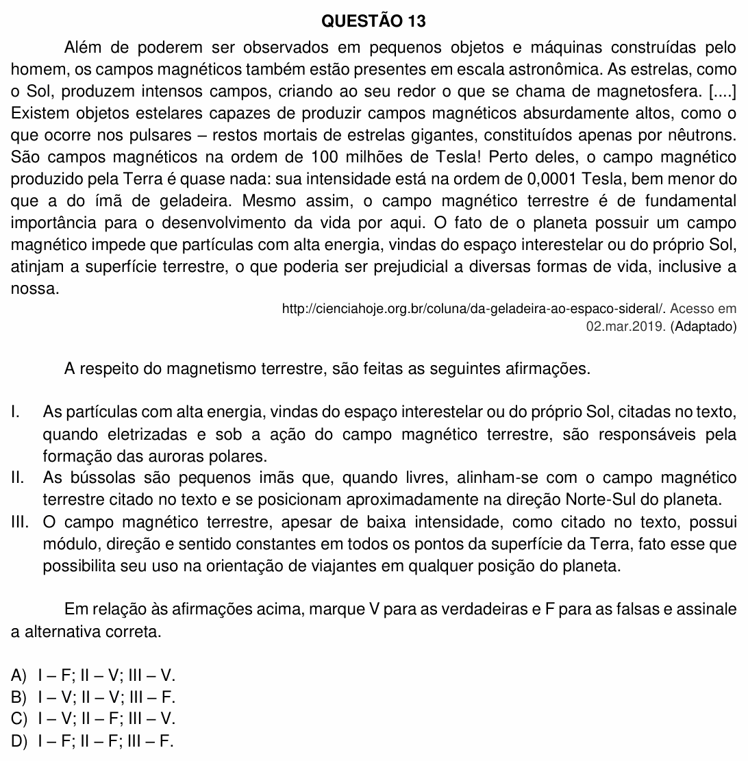 Enunciado da questão 13 de Física do UFU 2019-2