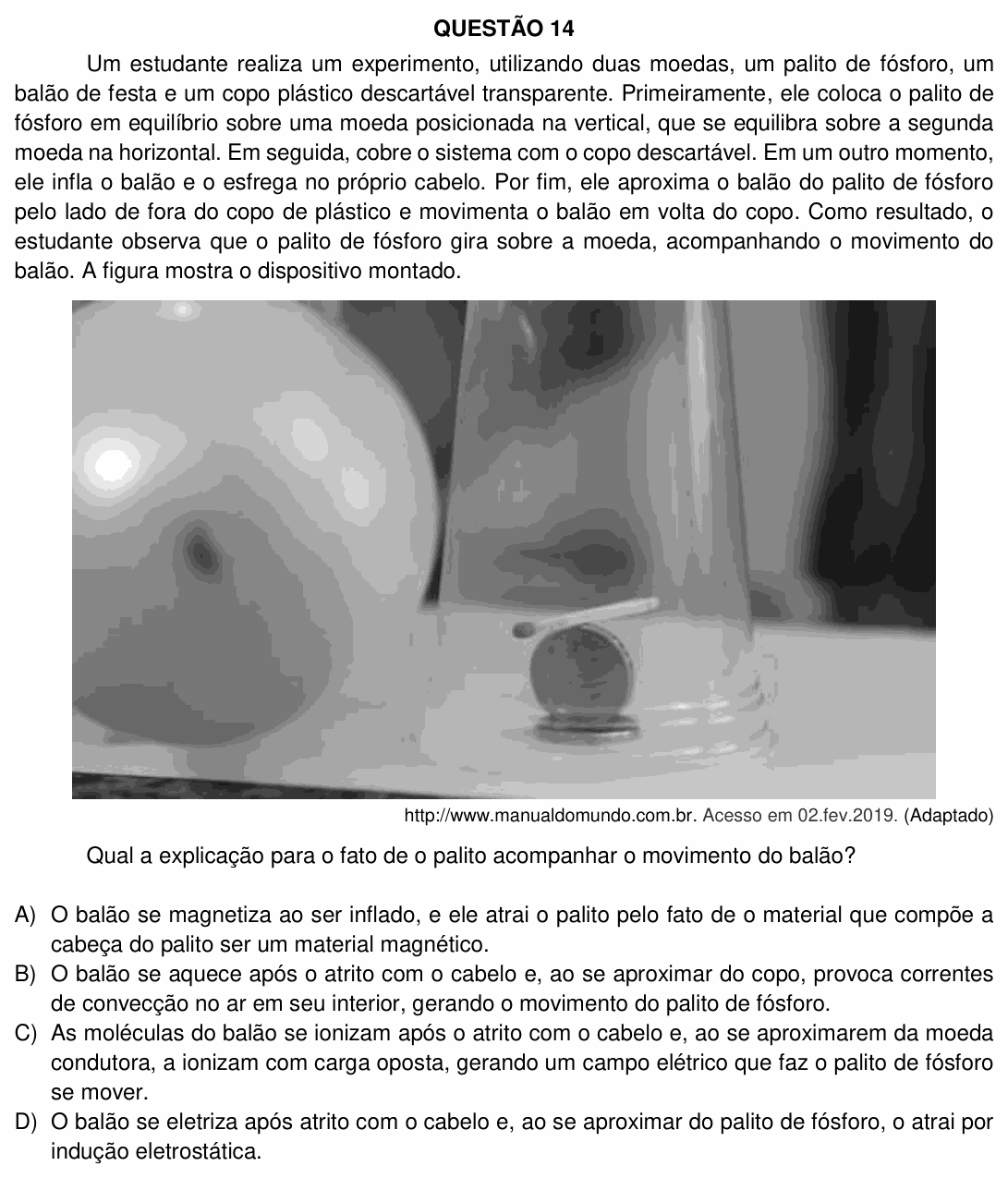 Enunciado da questão 14 de Física do UFU 2019-2