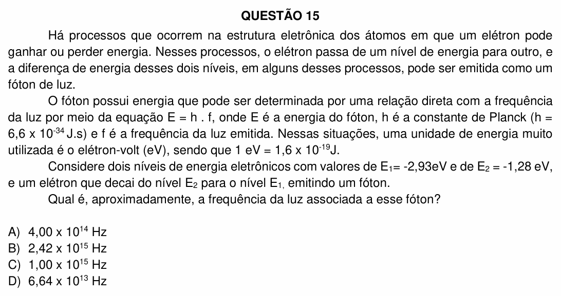 Enunciado da questão 15 de Física do UFU 2019-2