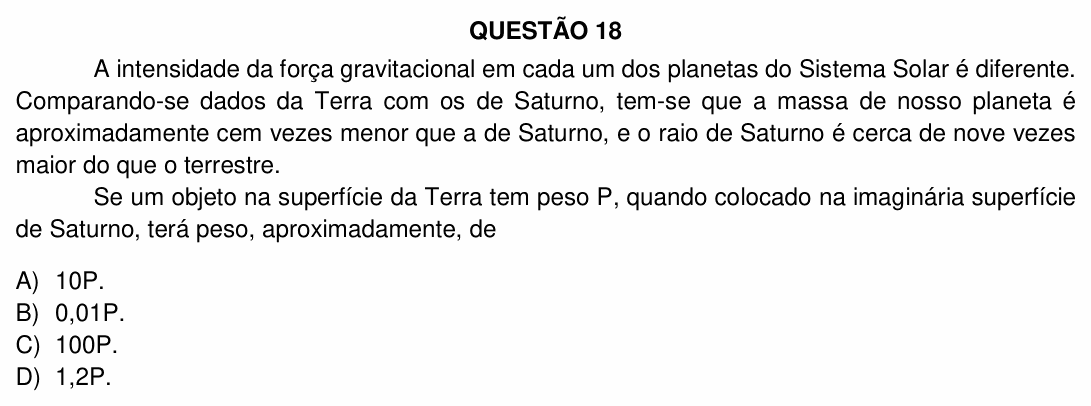 Enunciado da questão 18 de Física do UFU 2019-2