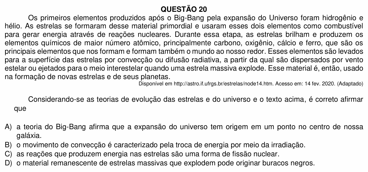 Enunciado da questão 20 de Física do UFU 2020-2