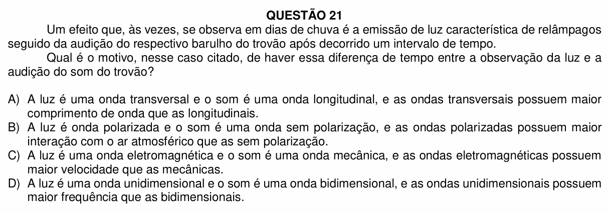 Enunciado da questão 21 de Física do UFU 2020-2