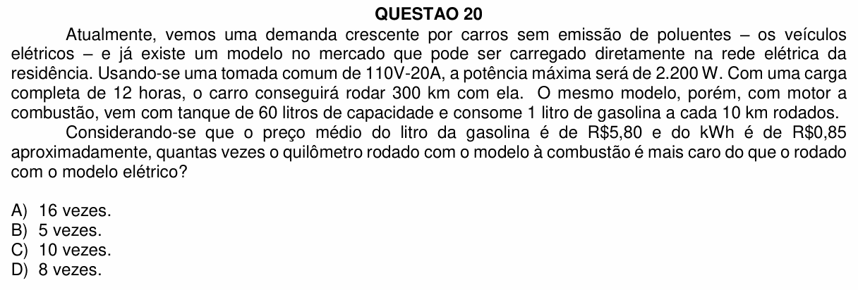 Enunciado da questão 20 de Física do UFU 2021-2 (Medicina)