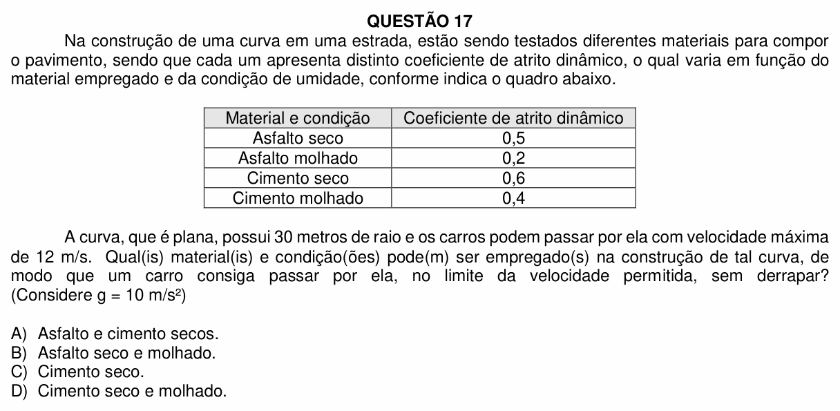 Enunciado da questão 17 de Física do UFU 2021-2 (demais cursos)