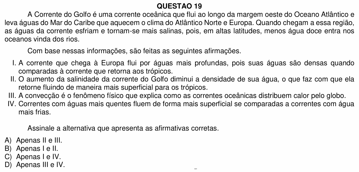 Enunciado da questão 19 de Física do UFU 2021-2 (demais cursos)