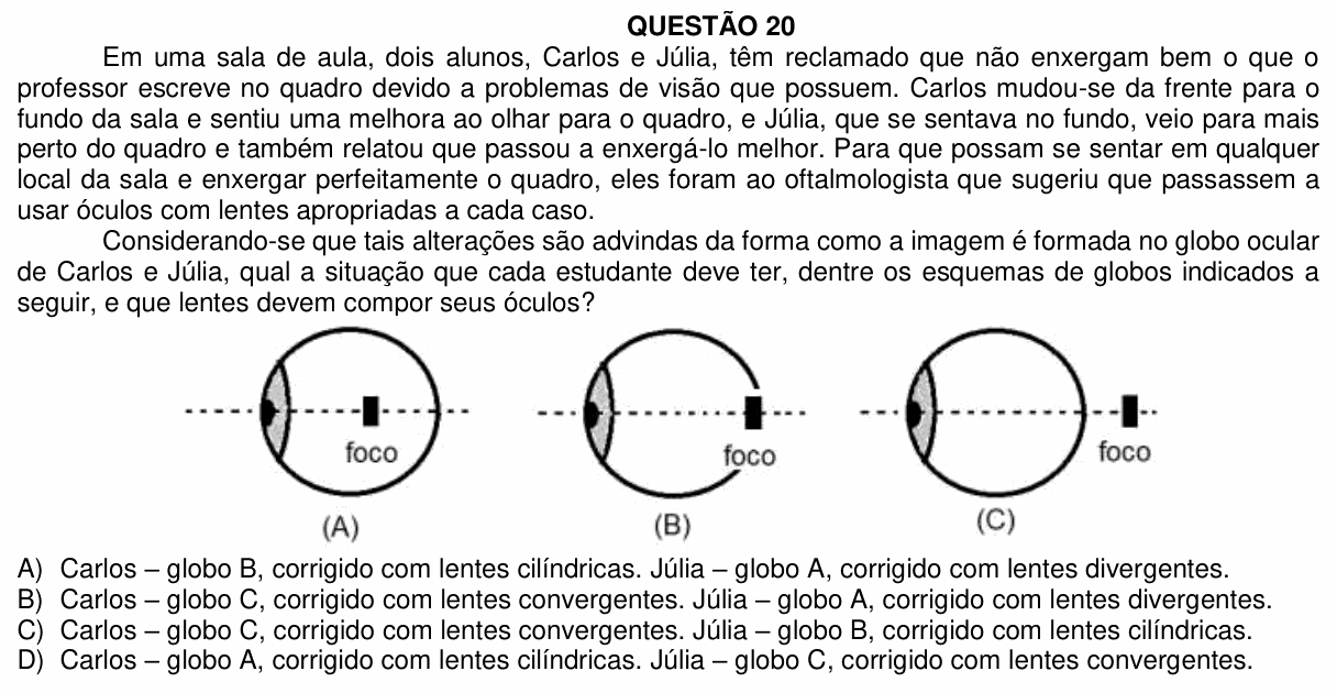 Enunciado da questão 20 de Física do UFU 2021-2 (demais cursos)