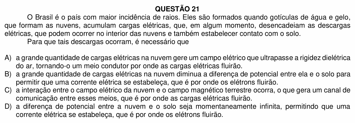 Enunciado da questão 21 de Física do UFU 2021-2 (demais cursos)