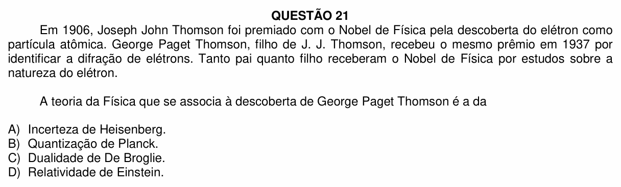 Enunciado da questão 21 de Física do UFU 2024-2