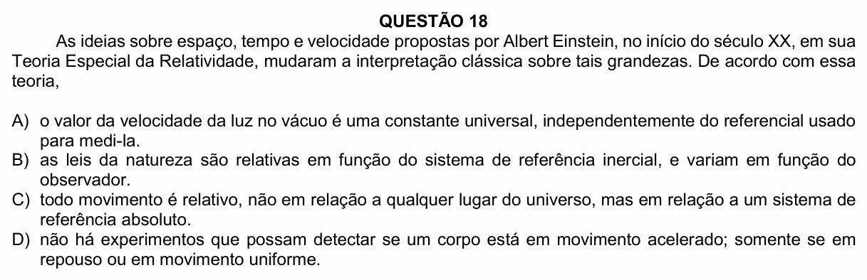 Enunciado da questão 18 de Física do UFU 2025-2