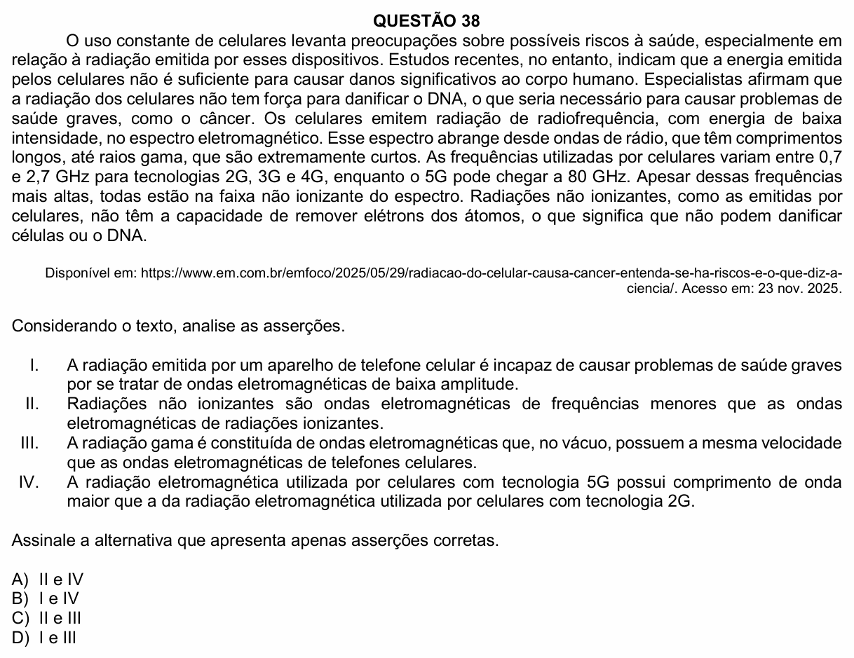 Enunciado da questão 38 de Física do UFU 2026-2