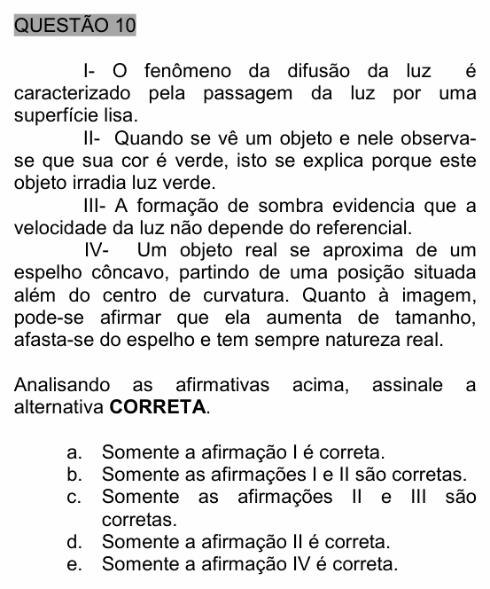 Enunciado da questão 10 de Física do UNEMAT 2006