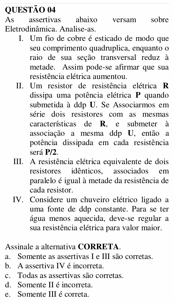 Enunciado da questão 4 de Física do UNEMAT 2007