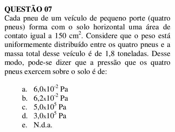 Enunciado da questão 7 de Física do UNEMAT 2007 (2º semestre)