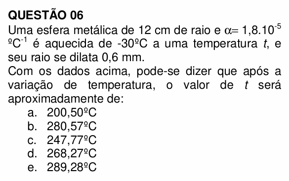 Enunciado da questão 6 de Física do UNEMAT 2009 (2º semestre)