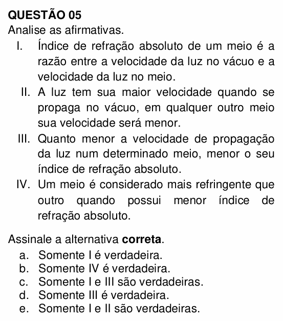 Enunciado da questão 5 de Física do UNEMAT 2010