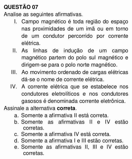 Enunciado da questão 7 de Física do UNEMAT 2010
