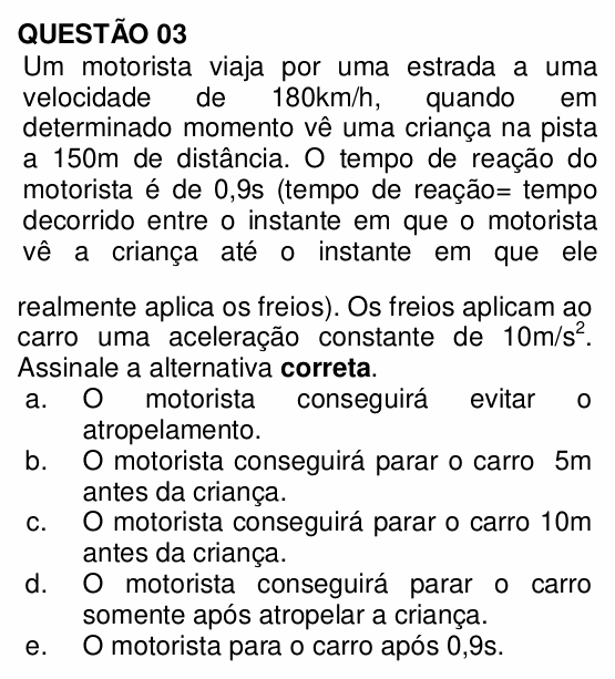 Enunciado da questão 3 de Física do UNEMAT 2011