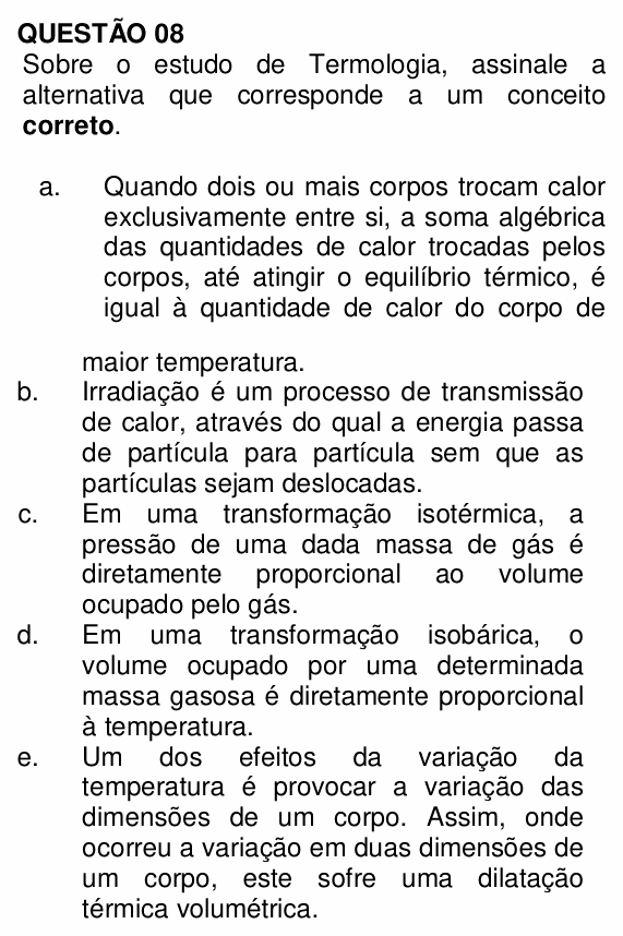 Enunciado da questão 8 de Física do UNEMAT 2011