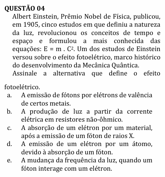 Enunciado da questão 4 de Física do UNEMAT 2011 (2º semestre)