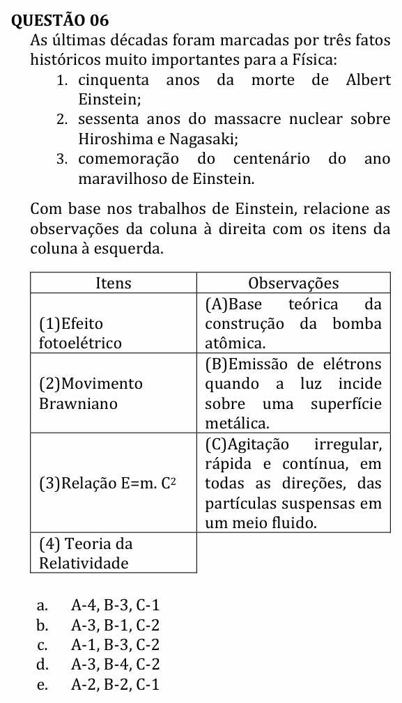 Enunciado da questão 6 de Física do UNEMAT 2011 (2º semestre)