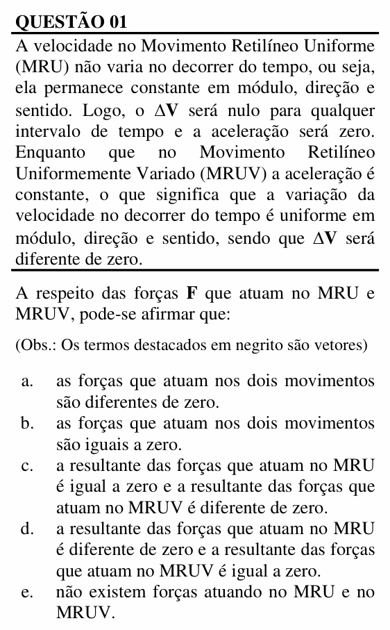 Enunciado da questão 1 de Física do UNEMAT 2012 (2º semestre)