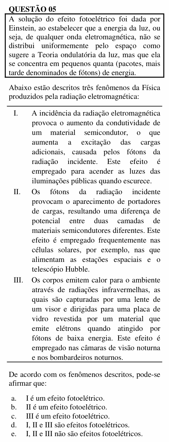 Enunciado da questão 5 de Física do UNEMAT 2012 (2º semestre)