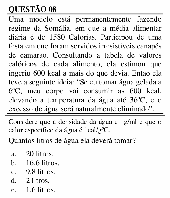 Enunciado da questão 8 de Física do UNEMAT 2012 (2º semestre)