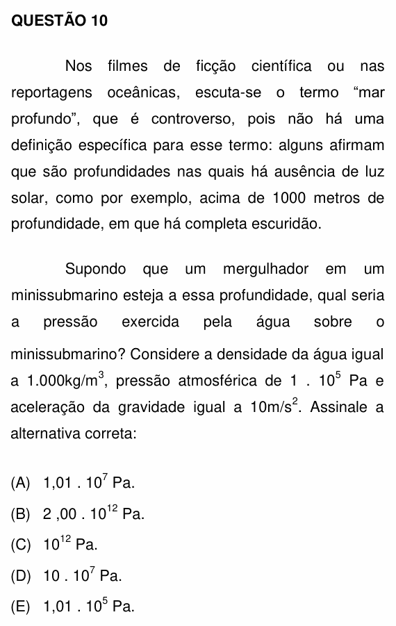 Enunciado da questão 10 de Física do UNEMAT 2013 (2º semestre)
