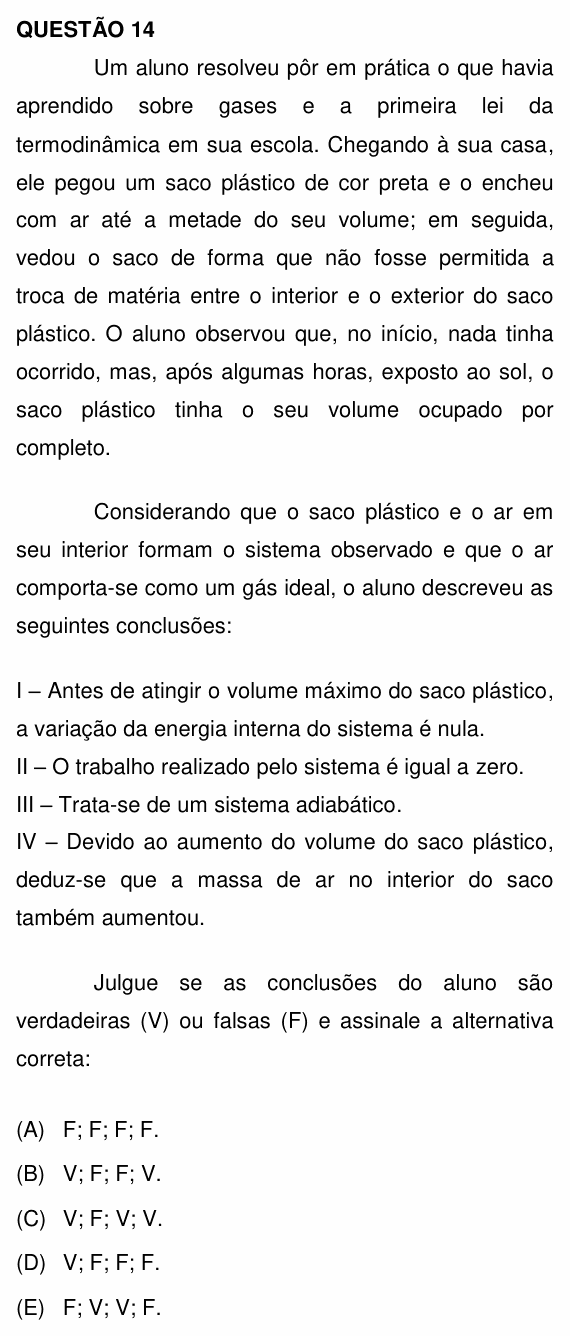 Enunciado da questão 14 de Física do UNEMAT 2013 (2º semestre)