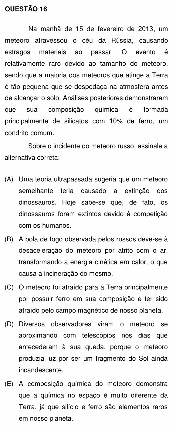 Enunciado da questão 16 de Física do UNEMAT 2013 (2º semestre)