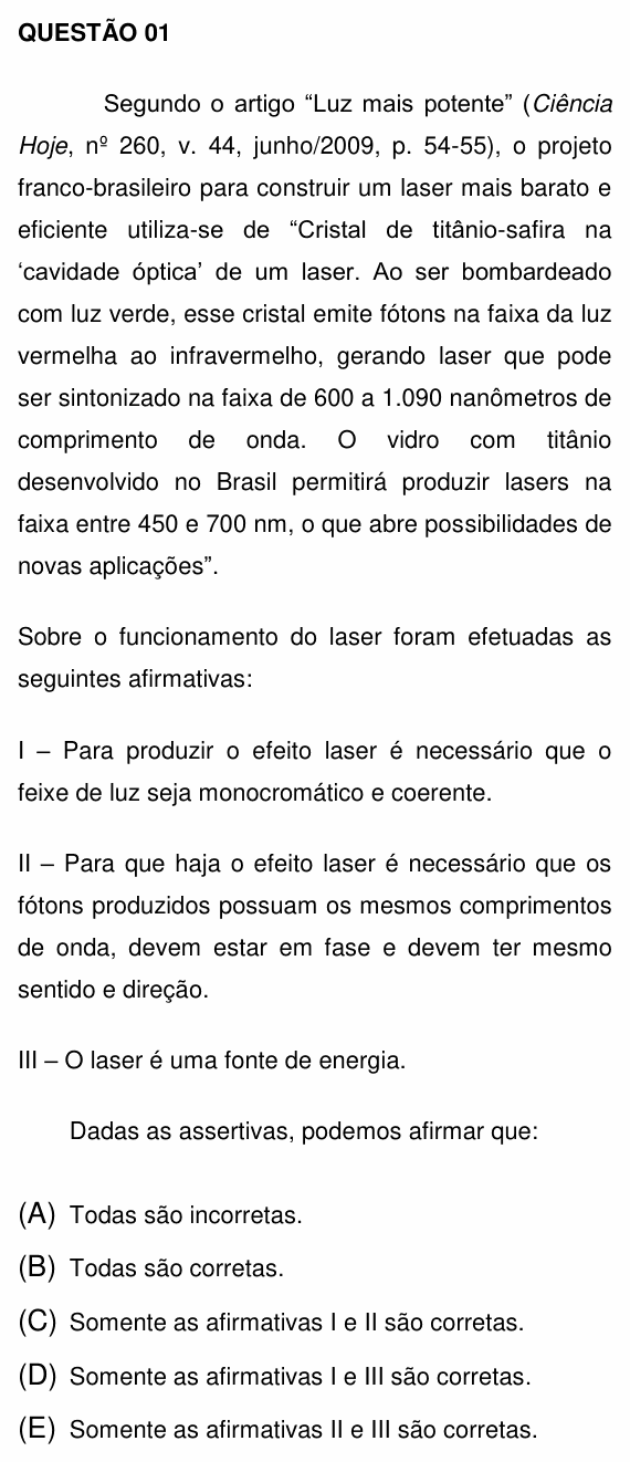 Enunciado da questão 1 de Física do UNEMAT 2014
