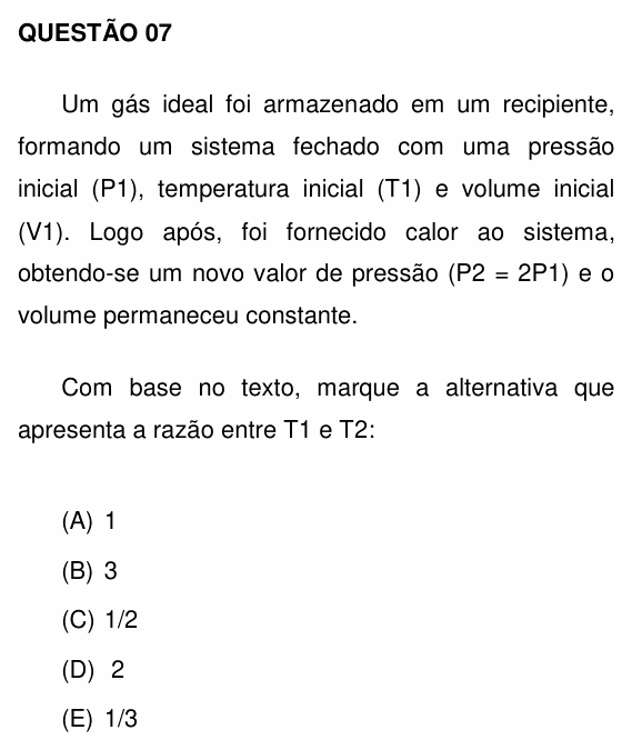 Enunciado da questão 7 de Física do UNEMAT 2014 (2º semestre)
