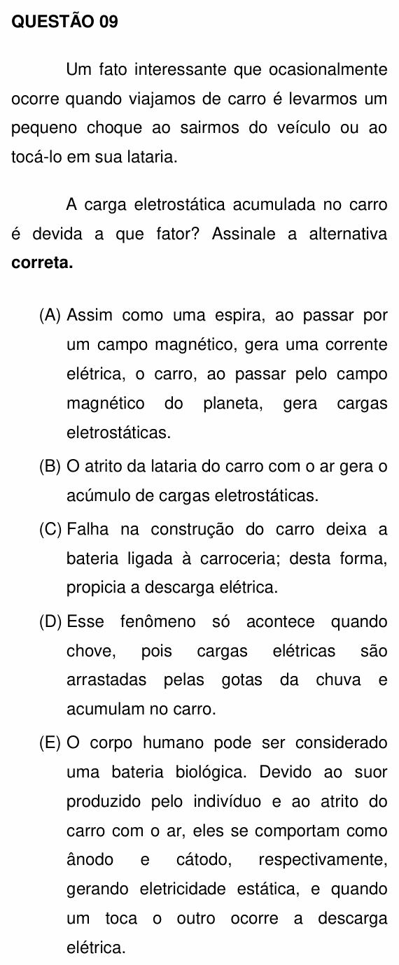 Enunciado da questão 9 de Física do UNEMAT 2015 (2º semestre)