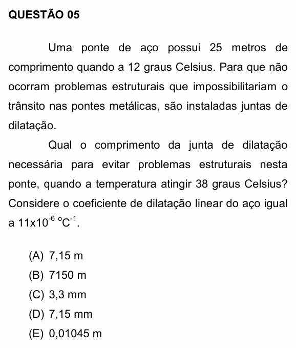 Enunciado da questão 5 de Física do UNEMAT 2016 (2º semestre)