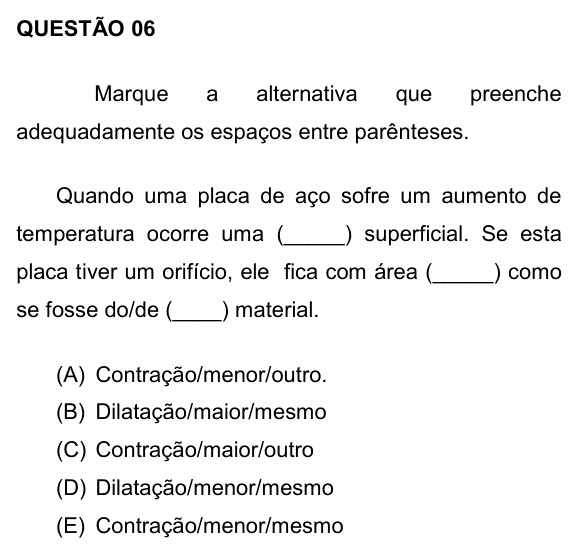Enunciado da questão 6 de Física do UNEMAT 2016 (2º semestre)